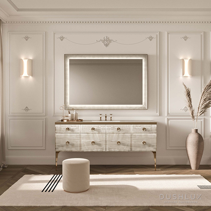 Фото VITAGE milldue edition MAJESTIC 10 Комплект мебели 180х55х82 см, напольный, раковина, зеркало, с подсветкой, цвет: alabastro gold/бронза