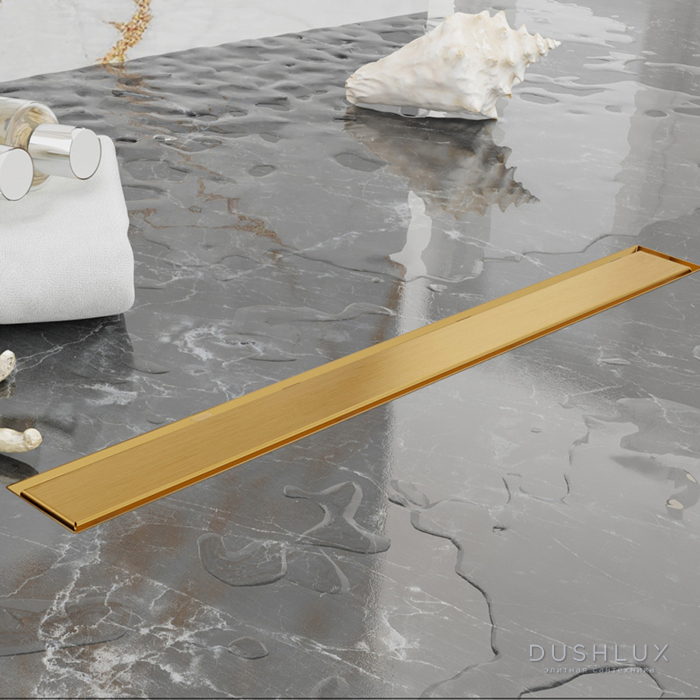 Фото Plumberia Selection Трап душевой PS LINEAR 6x80см., 2устор. накладка из нерж. стали, комбинир. затвор с горизонт. выпуском Ду 50мм., 40л/мин., цвет: золото брашированная