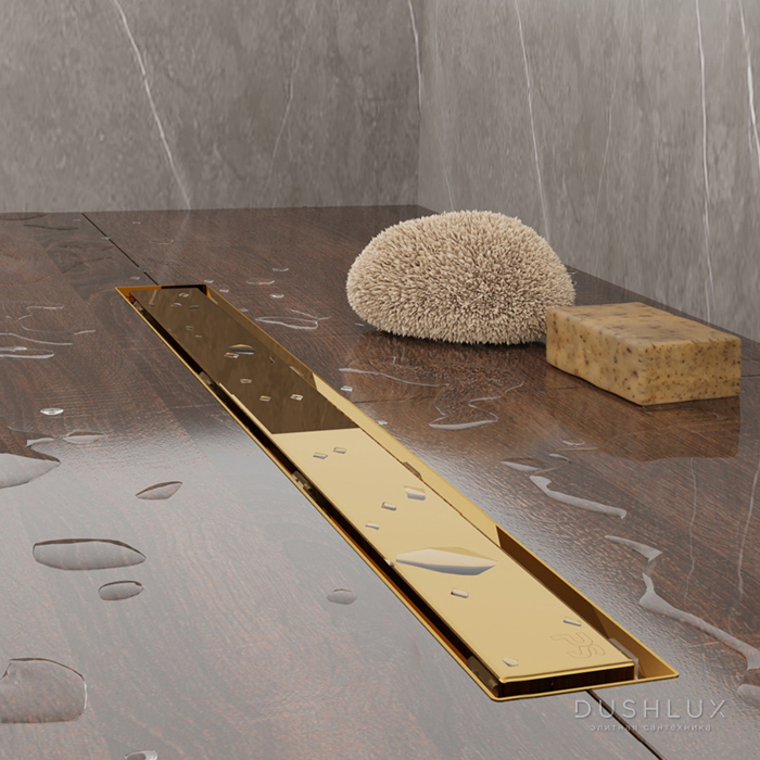Фото Plumberia Selection Трап душевой PS MODULAR 4x90см., 2устор. накладка из нерж. стали, комбинир. затвор с горизонт. выпуском Ду 50мм., 40л/мин., цвет: золото 24К