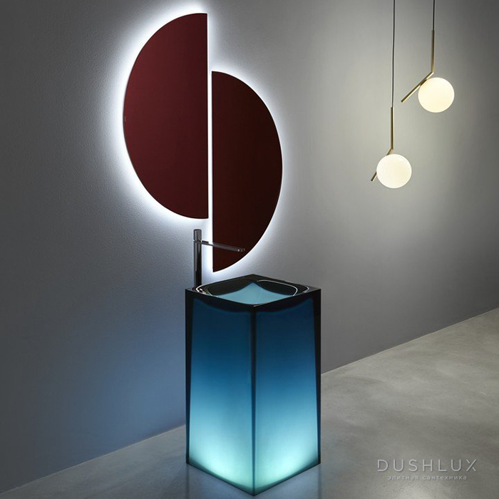 Фото Antonio Lupi Aura Раковина 45x45x85 см, напольная, слив в пол, без отв для смесит, с дон клапан, сифоном и трубой слива, Cristalmood, цвет: Ceruleo