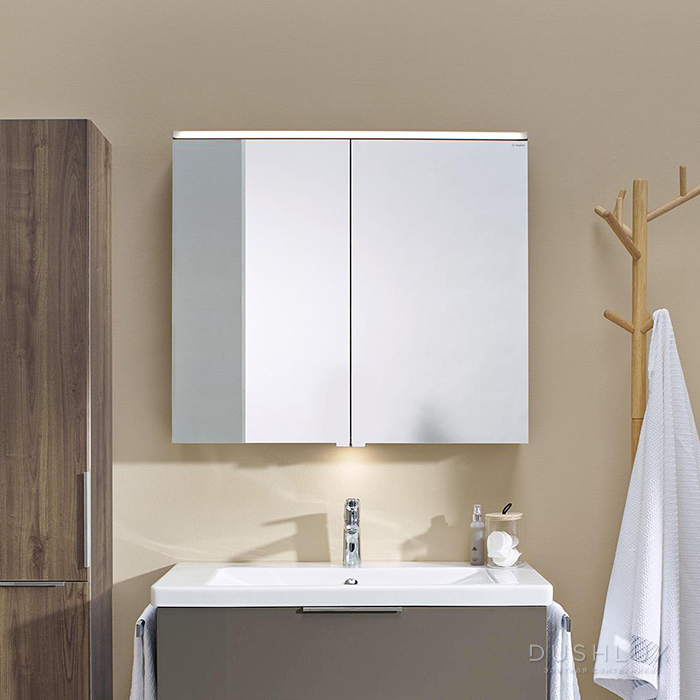 Фото BURGBAD Eqio Зеркальный шкаф с LED подсветкой 5Вт IP24, 90х80х17см,2 зерк двери с обоих сторон, стекл полки, вкл/выкл, цвет: белый