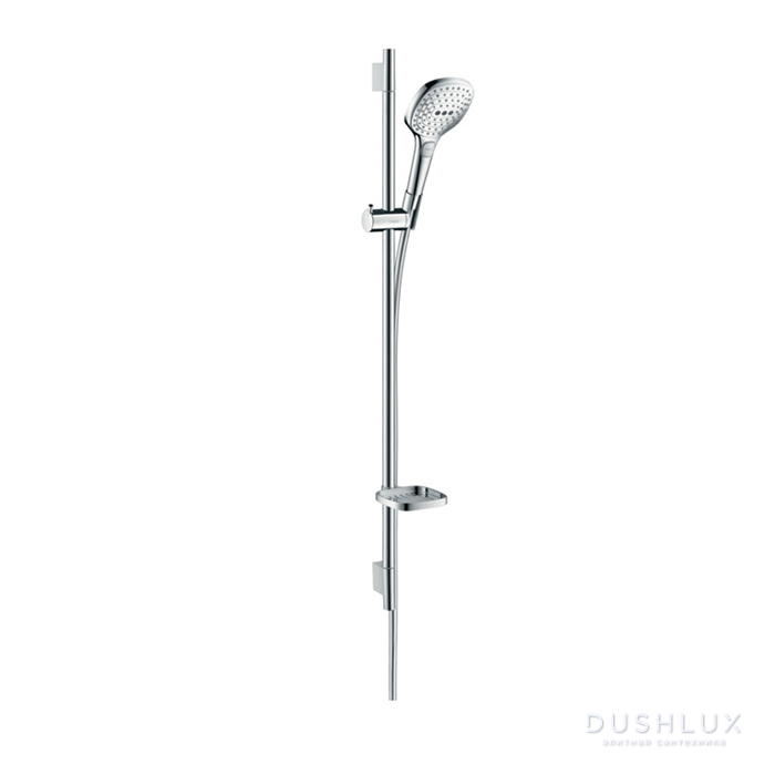 Фото Hansgrohe Raindance Select E Душевой набор: штанга 900mm, ручной душ 120, 3jet (Rain, RainAir, WhirlAir), EcoSmart, мыльница, шланг, цвет: белый/хром
