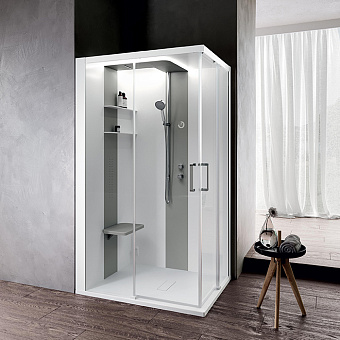 Novellini Skill A Душевая кабина 120х100х217.5cмм., Sx, Essential, поддон 12.5см., с термостатическим смесителем, стекло, цвет: белый глянцевый/Light grey