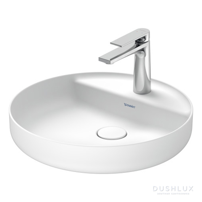 Фото Duravit Vitrium Раковина накладная 46 см, с 1 отв., круглая, из DuroCast UltraResist, без перелива, с полкой, цвет: белый матовый