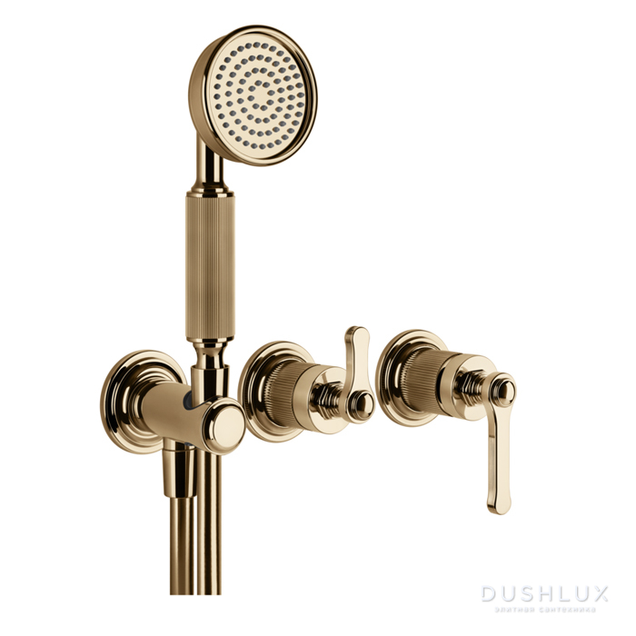 Фото Gessi Venti20 Смеситель для душа, встраиваемый, с переключателем на 2 положения, с ручным душем и шлан 150см., внешн часть, цвет: Warm Bronze PVD