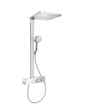 Hansgrohe Raindance E Душевая система Showerpipe: верх.душ 300х300мм 1jet, ручн.душ 3jet, шланг 1,6м, термостат для душа с полкой, EcoSmart,цвет: хром