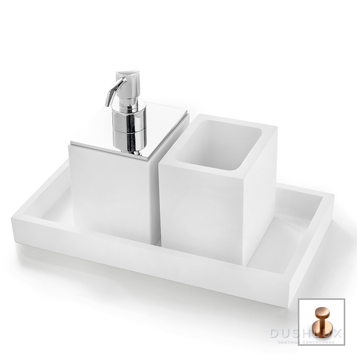 Фото 3SC BeMood White Набор настольный 27,5хh17х15 см из лотка, стакана и дозатора, цвет белый/Brushed Brass PVD