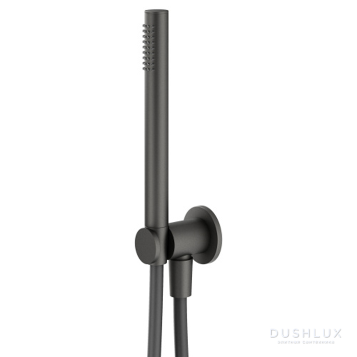 Фото Plumberia Selection IXO Душевой гарнитур с ручным душем, с держателем, запорным клапаном и шлангом PVC 150см., цвет: черный матовый