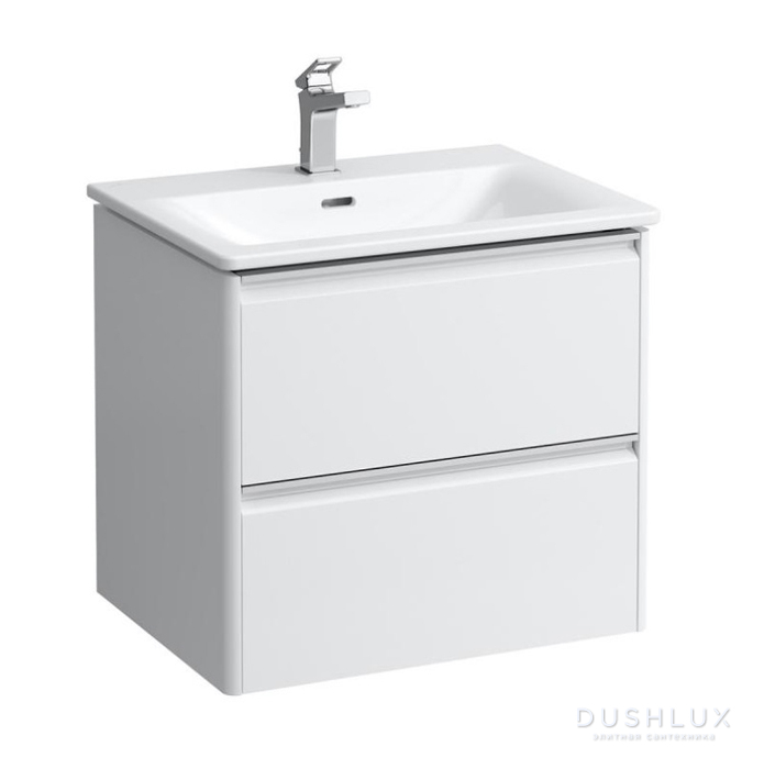Фото Laufen Palace Комплект мебели 600х450х545 мм., с раковиной Slim, 2 ящика, органайзер для ящика, ручка анодированный алюминий, цвет: белый матовый
