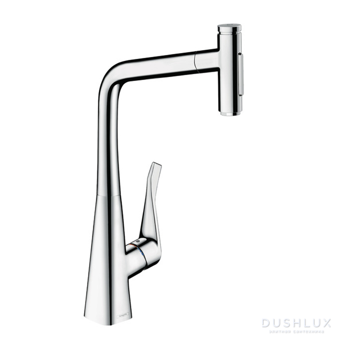 Фото Hansgrohe Metris M71 Смеситель для кухни, на 1 отв, поворотный излив 235мм с вытяжным душем, 2jet, h333мм, sBox, цвет: хром