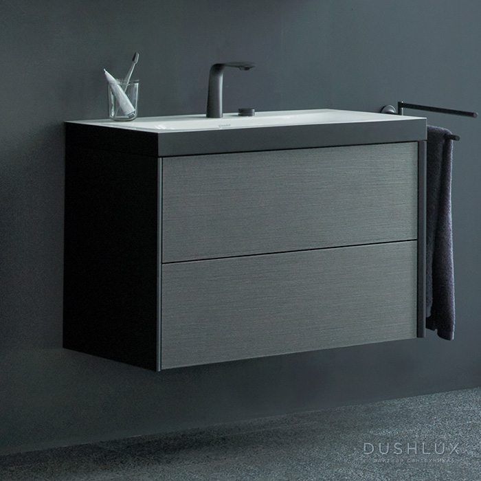 Фото Duravit XViu Тумба подвесная 80x48x50.3см с раковиной, с 2 выдв ящик,  без перелива, с 2 отв под смес., цвет: dark brushed oak/чёрный матовый