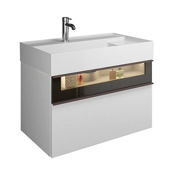 Burgbad Yumo Тумба с раковиной, 81.5x47x48см., подвесная, с 1 отв., 2 выдв ящика, аллюм рамка,вставка из дымч стекла, светодиодн. подсв., цвет: белый глянец