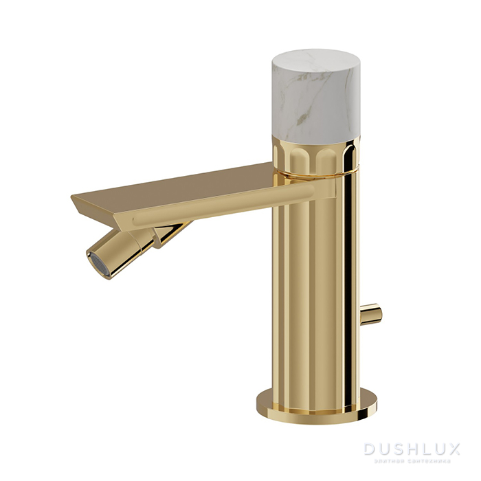 Фото Newform Ionika allure bagno Смеситель для биде, на 1 отв., прогрессивный, с донным клапаном, белый мрамор, цвет: PVD glossy gold