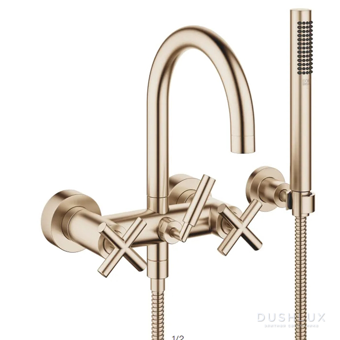 Фото Dornbracht Tara Смеситель для ванны, настенный, с ручным душем, цвет: Шампанское сатинированное