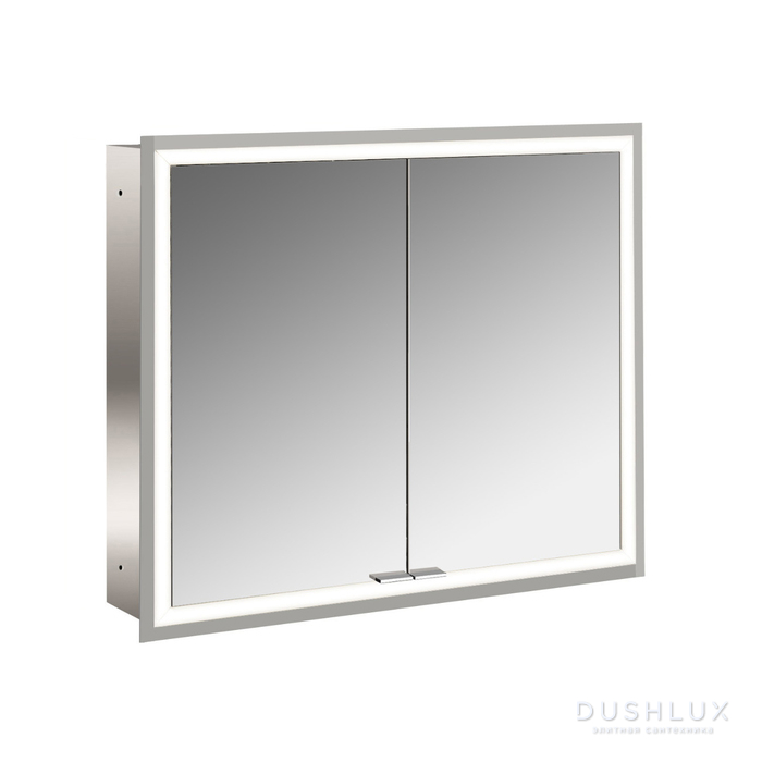 Фото EMCO Prime Зеркальный шкаф 80x70см., с подсветкой, встраиваемый, 2 двери, 2 полки, розетка, цвет: белый