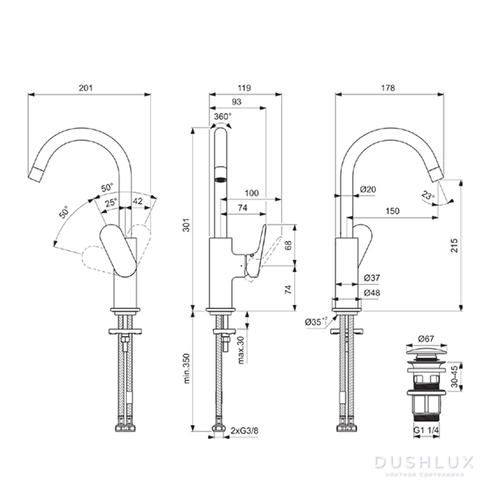 Фото Ideal Standard Ceralife O Смеситель для раковины, на 1 отв., H21.5см., с поворотным изливом, с донным клапаном, цвет: хром