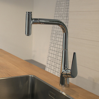 Hansgrohe Talis Select M51 Смеситель для кухни, на 1 отв, поворотный излив 223мм с вытяжным душем, 1jet, h222мм, кнопка вкл/выкл, цвет: хром