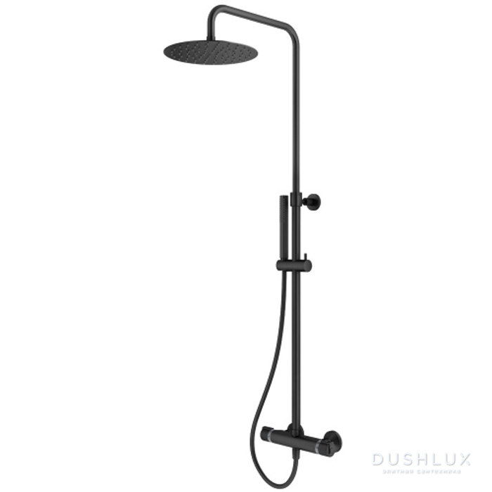 Фото Plumberia Selection IXO Душевая стойка, верхний душ 25см., с термостатическим смесителем, ручной душ, шланг 150см, цвет: черный матовый