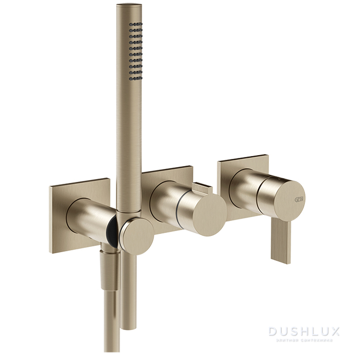 Фото Gessi Inverso Rigato Смеситель для душа, настенный, с переключателем и ручным душем, цвет: Brass Brushed PVD