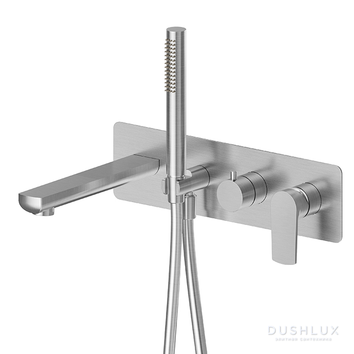 Фото Newform Haka Смеситель для ванны, встраиваемый, с душевым гарнитуром, цвет: PVD brushed stainless steel
