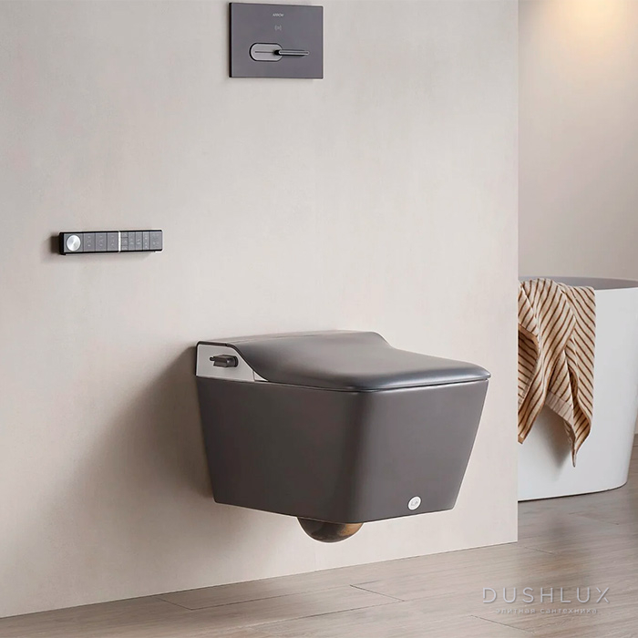 Фото Arrow Glacier Унитаз Smart 41x60см, с функцией биде, подвесной, безободковый, клавиша смыва, цвет: темно-серый