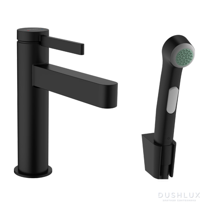 Фото Hansgrohe Finoris Смеситель для раковины, однорычажный, 110 с набором для биде со шлангом 1,60 м, цвет: матовый черный