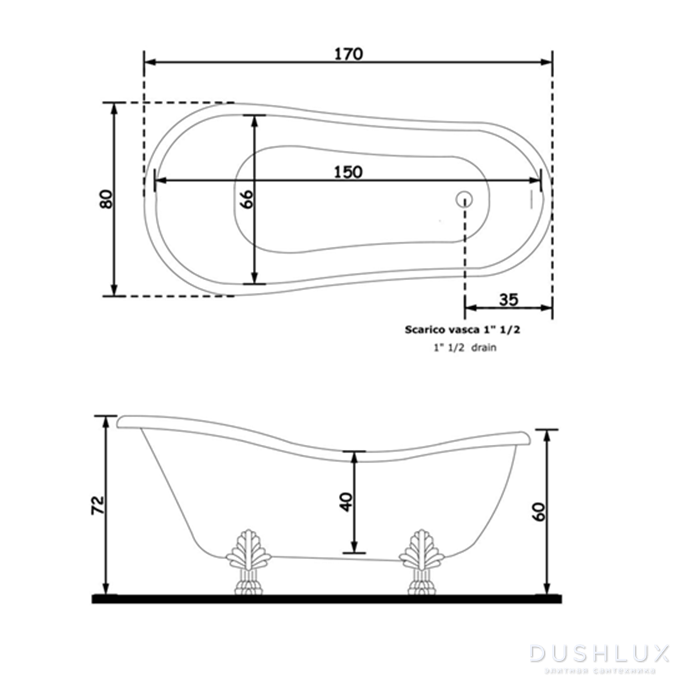 Gruppo Treesse Epoca Ванна отдельностоящая 170х80х72см., в комплекте ...