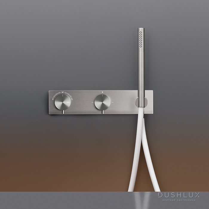Фото CEA Design MILO360 Смеситель для ванны/душа, настенный, термостатический, с ручным душем, цвет: нержавеющая сталь/белый