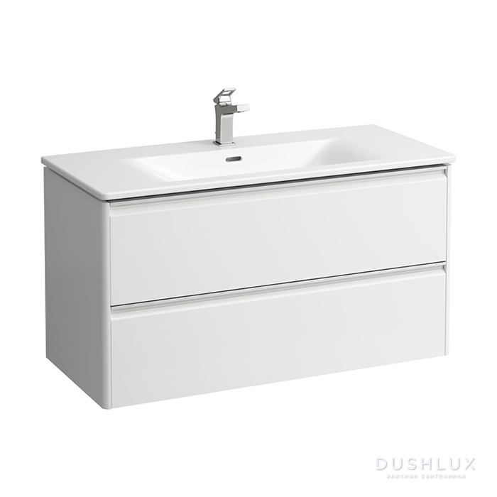 Фото Laufen Palace Тумба 100х45х54.5см., с раковиной Slim, 2 ящика, органайзер для ящика, ручка анодированный алюминий, цвет: белый матовый