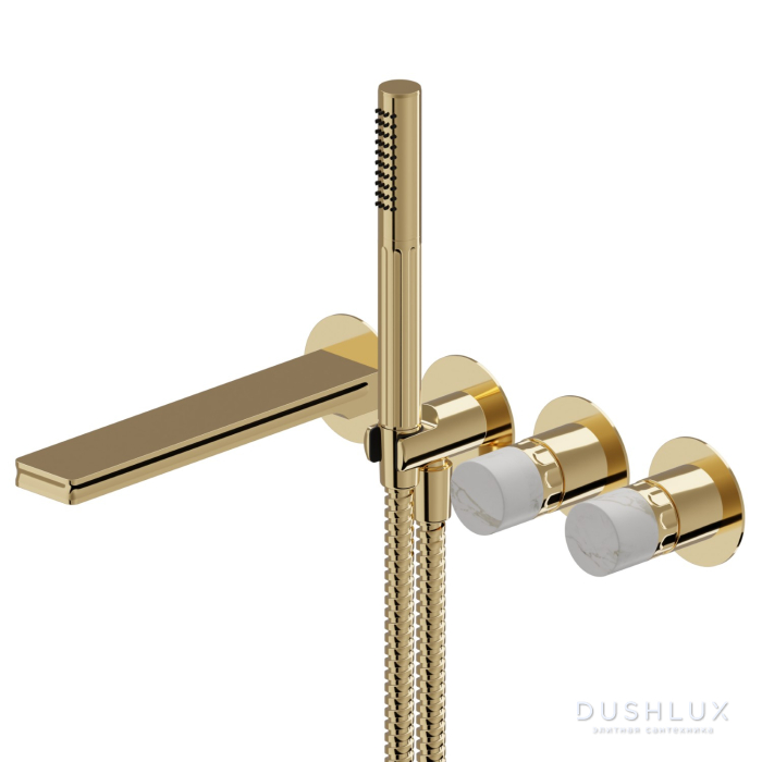 Фото Newform Ionika allure bagno Смесителя для душа, встраиваемый, прогрессивный, с ручным душем и изливом, на 2 источника, белый мрамор, цвет: PVD glossy gold