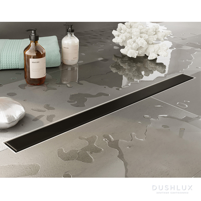 Фото Plumberia Selection Трап душевой PS MODULAR 4x70см., 2устор. накладка из нерж. стали, комбинир. затвор с горизонт. выпуском Ду 50мм., 40л/мин., цвет: черный матовый