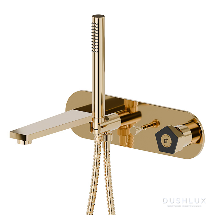 Фото Newform ParkLE Смеситель для ванны, встраиваемый, с ручным душем, цвет: PVD glossy gold/черный матовый