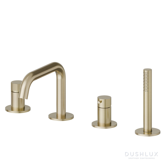 Фото Newform Steel Line Смеситель на борт ванны, 4 отв., с ручным душем, цвет: PVD Brushed pale gold