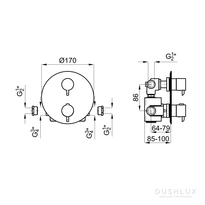 Noken Round Inox Смеситель с термостатом утопленный на 2 выхода, цвет ...