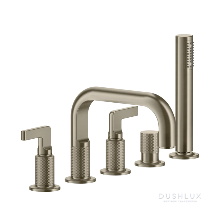 Фото Gessi Inciso Смеситель для ванны на 5 отверстий с изливом, переключателем, ручным душем и шлангом 1,50 м, цвет: finox