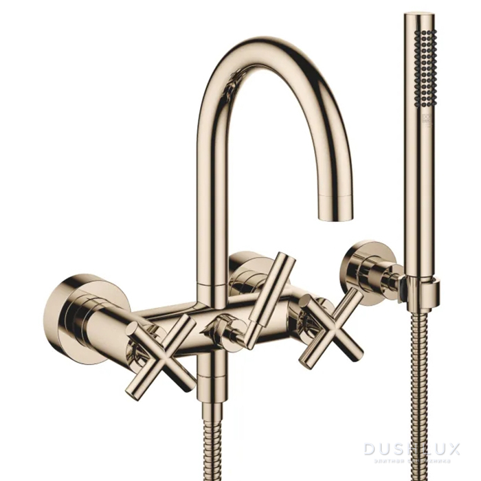 Фото Dornbracht Tara Смеситель для ванны, настенный, с ручным душем, цвет: Шампанское