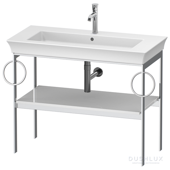 Фото Duravit White Tulip Металлическая консоль 98.4x45x76 см, напольная, 1 дерев. полка, 2 п/держ., цвет: белый высокоглянцевый