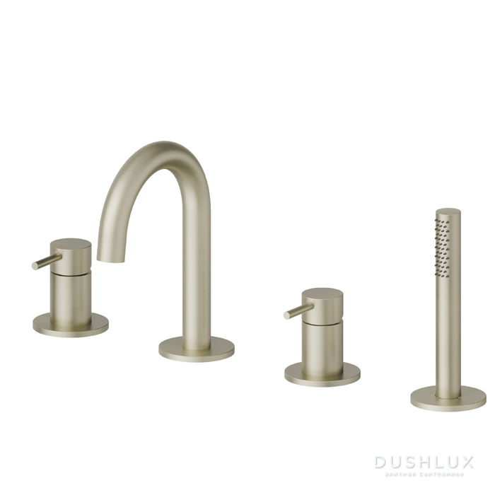 Фото Newform X-Steel 316 Смеситель на борт ванны, 4 отв., с изливом и ручным душем, цвет: PVD brushed pale gold