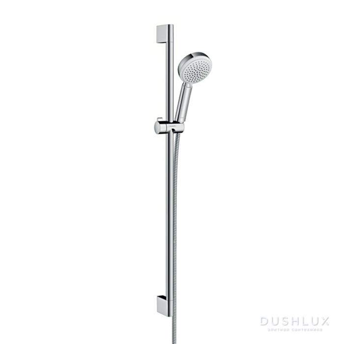 Фото Hansgrohe Crometta Vario Душевой набор: штанга 900mm, ручной душ 100, 4jet (Rain, обычная, Shampoo, массажная), шланг, цвет: белый/хром