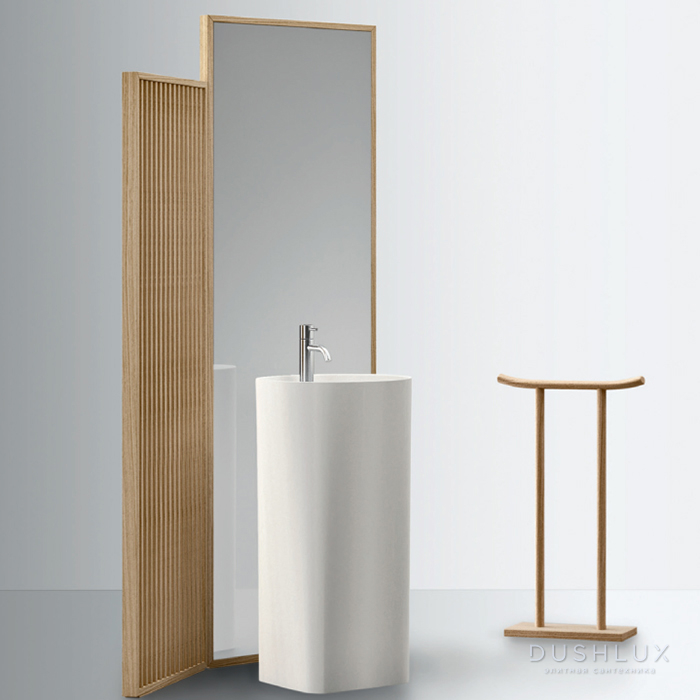 Фото NOORTH milldue edition AZUMA Комплект 127см из напольной ширмы в матовом шпоне с зеркалом и напольной раковины из Cristalplant, цвет: rovere mezza fiamma
