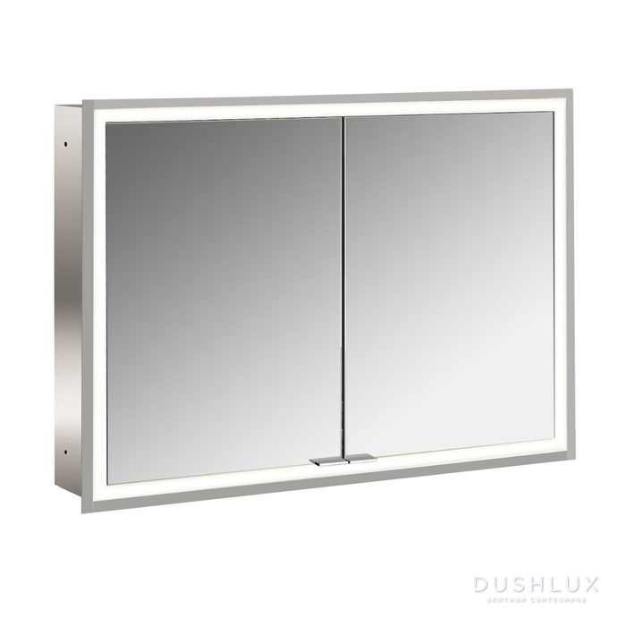 Фото EMCO Prime Зеркальный шкаф 100x70см., с подсветкой, встраиваемый, 2 двери, 2 полки, розетка, цвет: белый