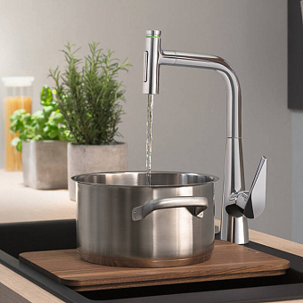Hansgrohe Talis Select M51 Смеситель для кухни, на 1 отв, поворотный излив 220мм с вытяжным душем, 2jet, h288мм, sBox, кнопка вкл/выкл, цвет: хром