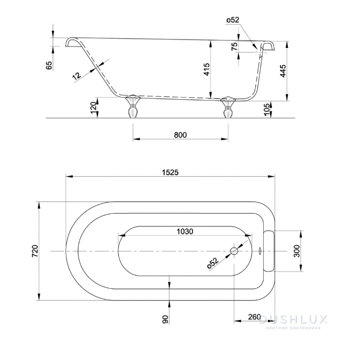 KNIEF ROLL TOP Ванна 152.5x72x55см., на ножках хром, без слива-перелива ...