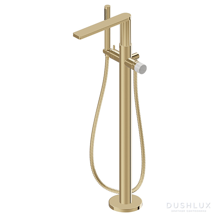 Фото Newform Ionika allure bagno Смеситель для ванны, напольный, прогрессивный, с ручным душем, белый мрамор, цвет: PVD glossy gold