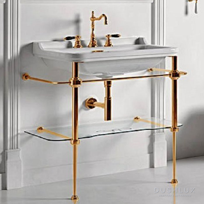 Фото Kerasan Waldorf Консоль с раковиной и зеркалом 80x55см, на 1 отв., цвет: oro