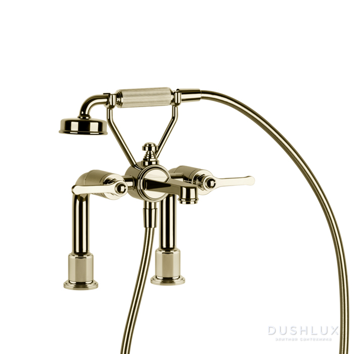 Фото Gessi Venti20 Смеситель для установки на борт ванны на 2 отверстия, двухвентильный, с ручным душем и шлангом 1500 мм., цвет: Brass PVD