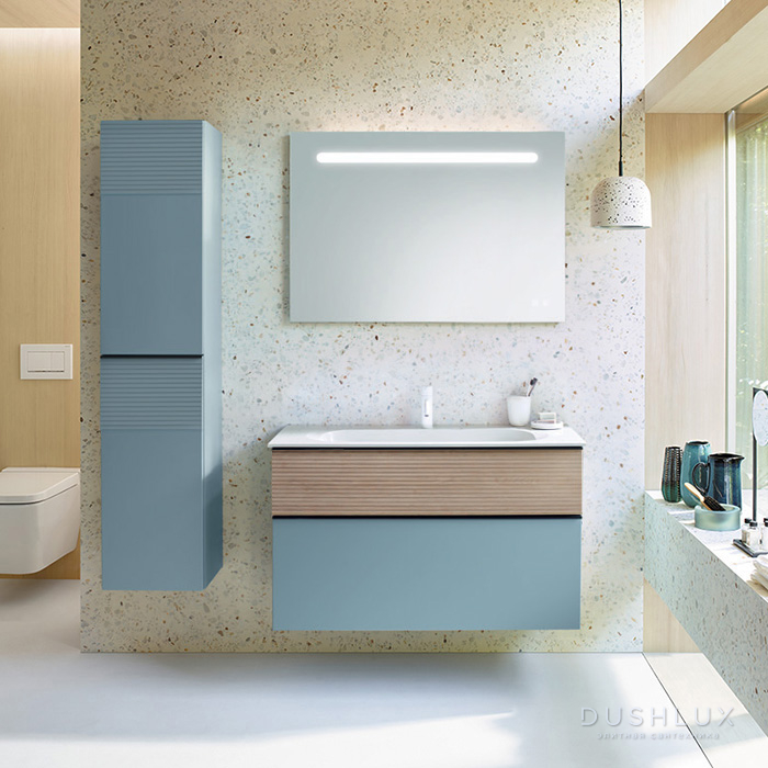 Фото Burgbad Fiumo Комплект подвесной мебели 102x49x61см, с раковиной на 1 отв., ручки черные матовые, цвет: Eiche Dekor Cashmere/Eisblau Softmatt