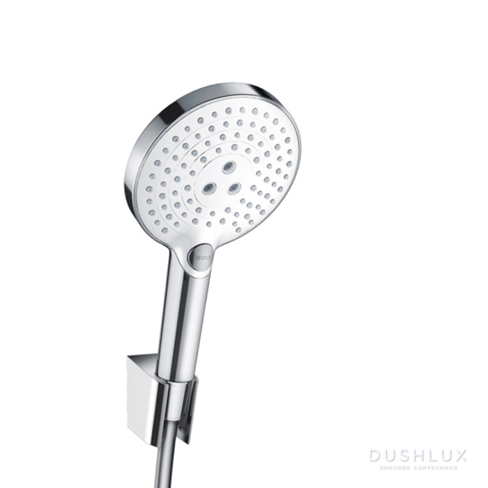 Фото Hansgrohe Raindance Select E Душевой набор: ручной душ 120, 3jet (Rain, RainAir, Whirl), держатель, шланг 1,6м, цвет: белый/хром