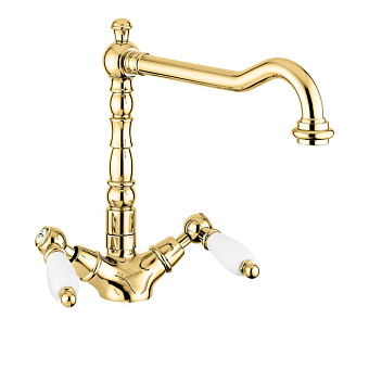 Emmevi Deco Ceramic Смеситель для раковины (поворотный излив 23 см), без донного клапана, цвет: золото