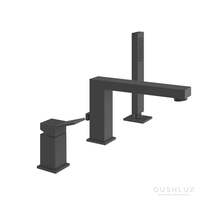 Фото Gessi Rettangolo K Смеситель для ванны на 3 отверстия, с встроенным в излив переключателем и ручным душем, цвет: черный